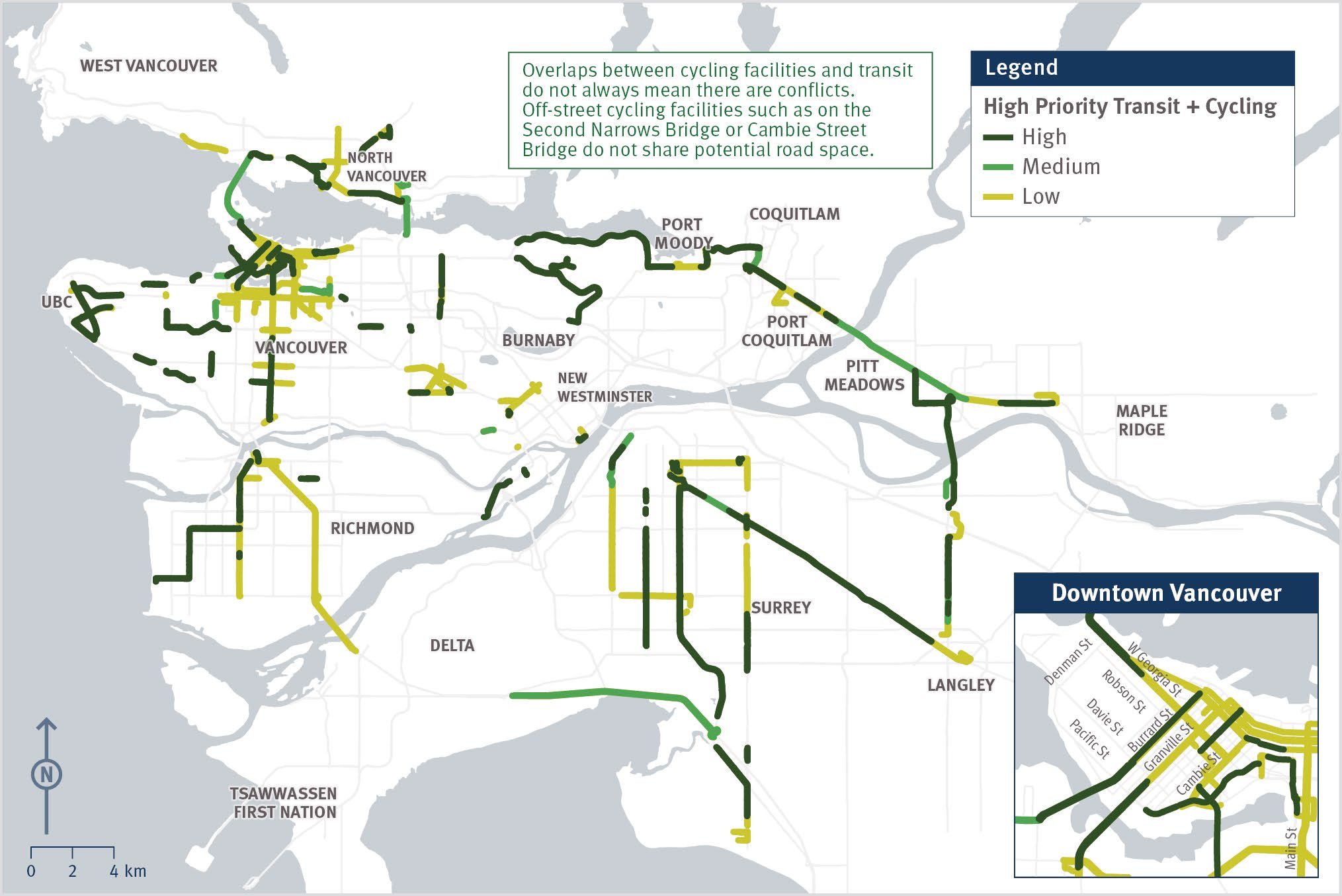 A map showing corridors of high priority transit and cycling