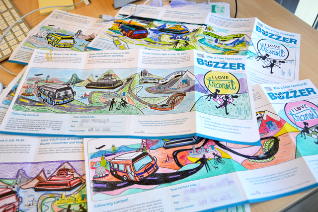 A few examples from our pile of entries for our I Love Transit Week colouring contest.