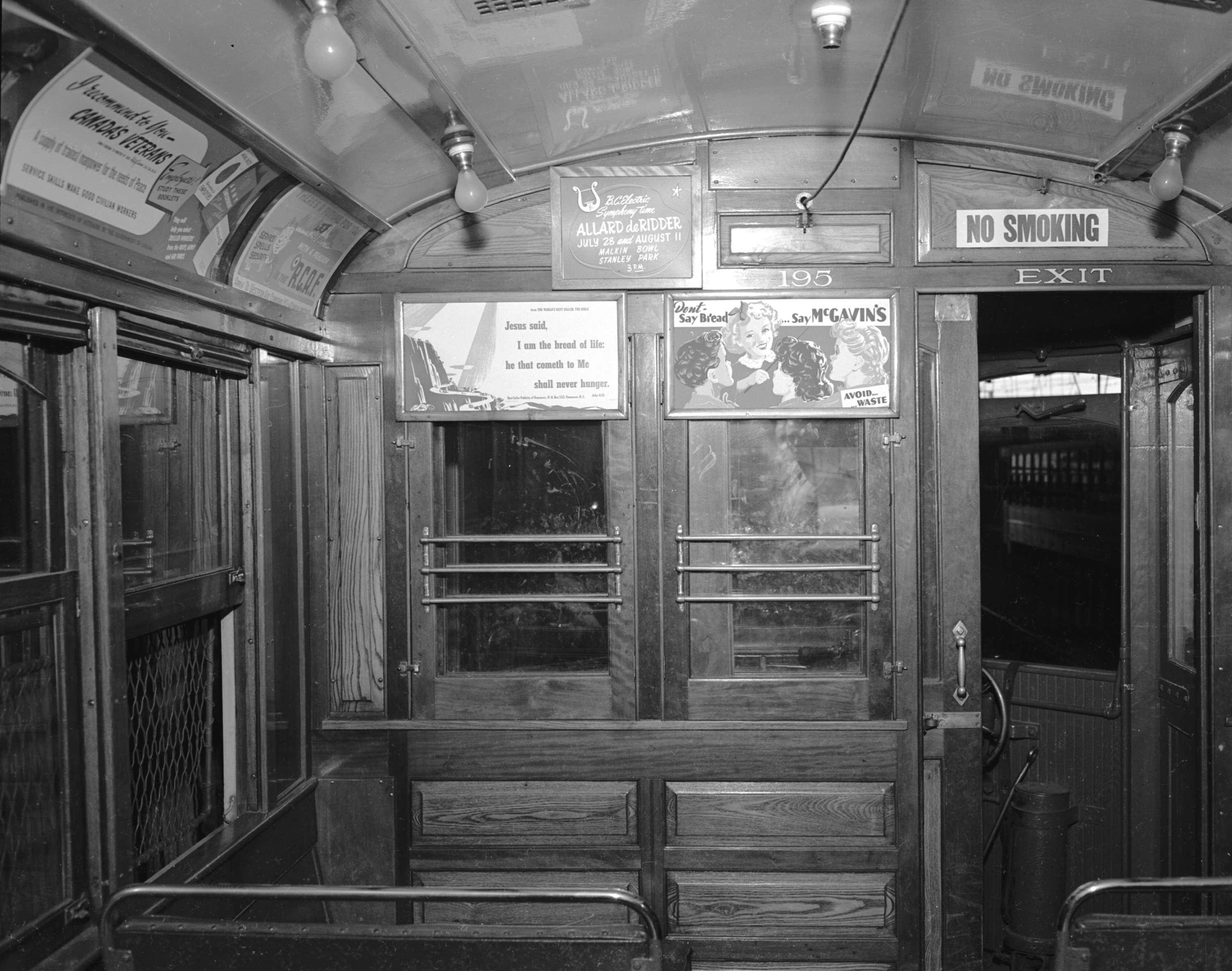 Inside an old streetcar, 1946