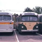 Ex-Saskatoon Brill trolleys being repainted at Cambie Shops, 14th and Cambie. 1974.