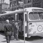 Granville S/B between Pender and Dunsmuir c. 1968. Note lack of right side mirror on this 1949 Brill T-48