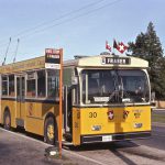 Hess articulated trolley demonstrator on loan from Berne, Switzerland in 1974. Shown at Cambie and 64th terminus. Note bus information number is Amherst 1-4211.