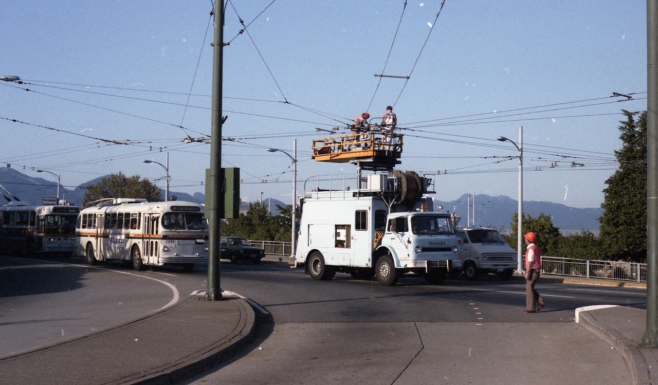 Overhead crew at work at south end of Granville Bridge. Circa 1980.