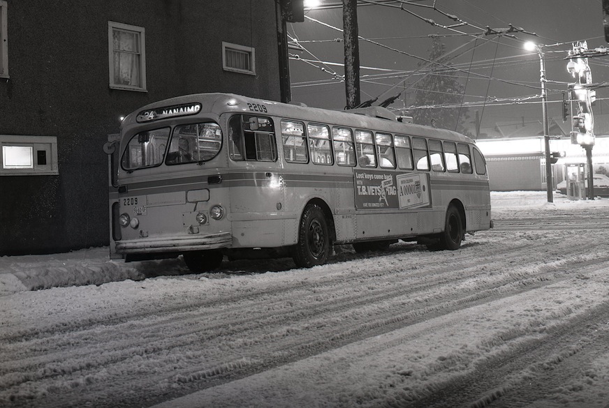 Snowy night at Slocan and Kingsway, 1980