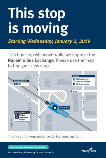 Nanaimo Bus Exchange bus stop relocation sign