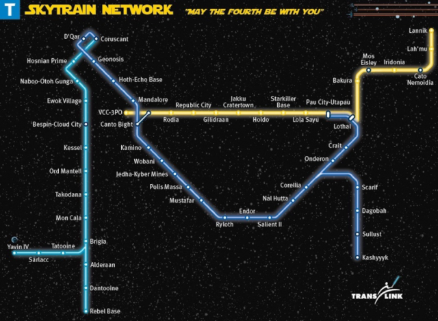The SkyTrain network map with places in the Star Wars universe replacing station names. 