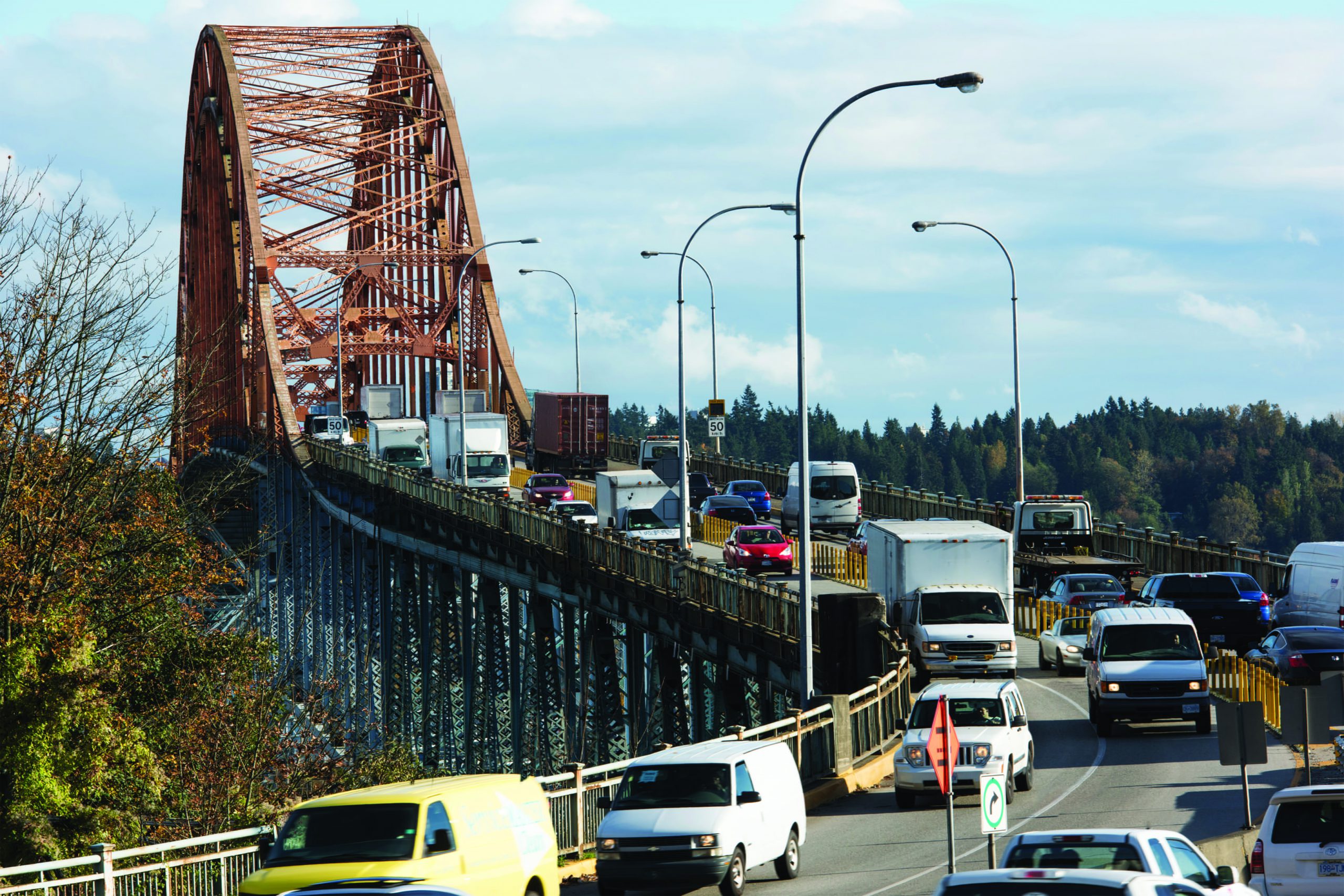 Cars and trucks crossing the Pattullo Bridge