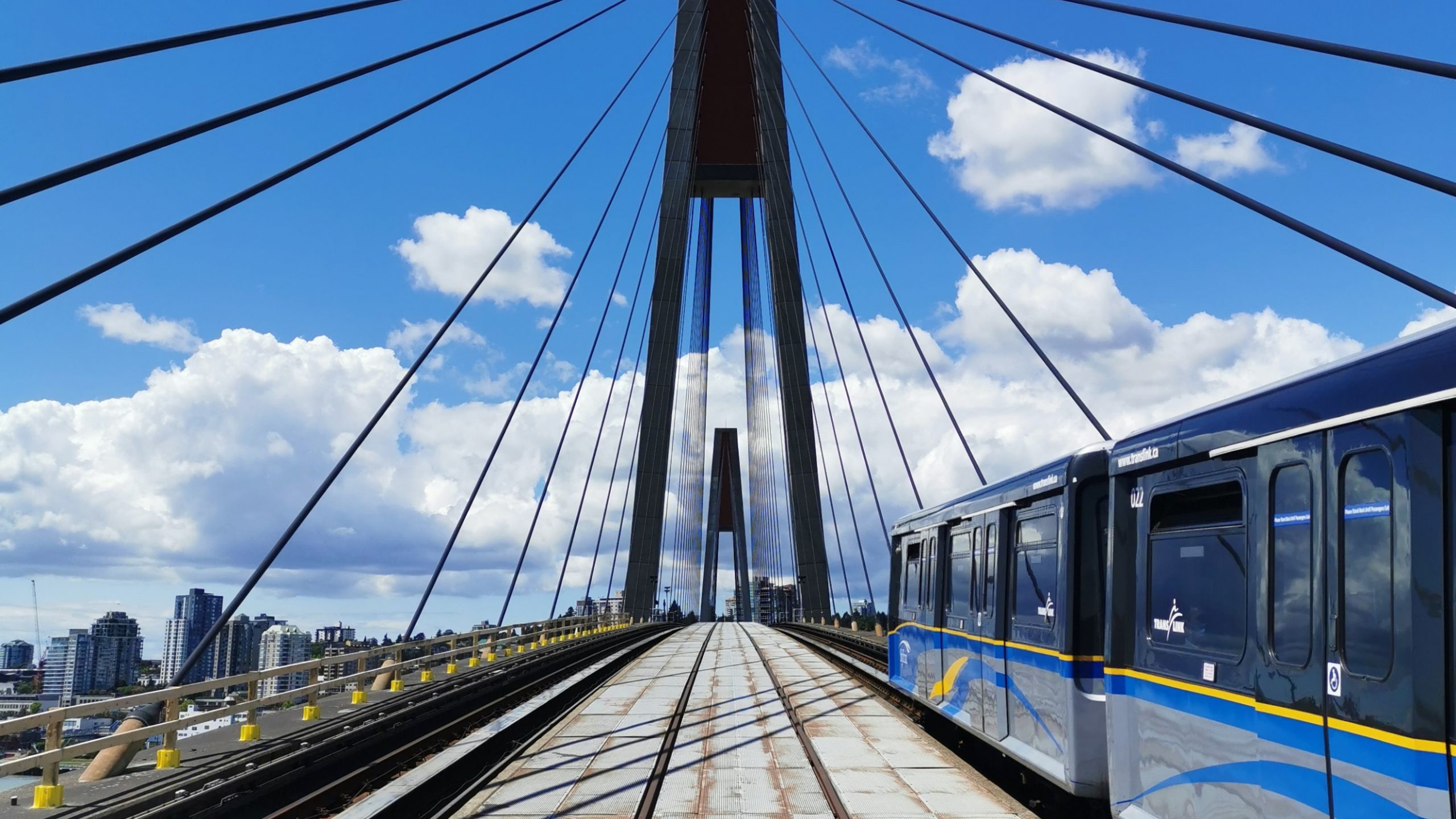 The SkyTrain travelling inbound on the SkyBridge