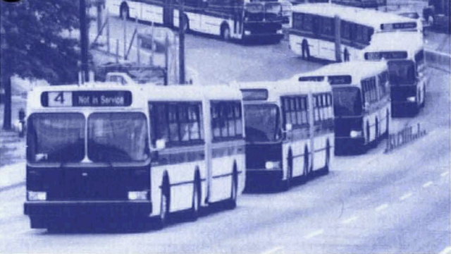 All 21 SuperBus units arriving at the PNE on June 7th, 1991 for their welcoming ceremony.