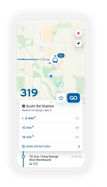Screenshot of the Transit app providing capacity predictions for the 319 bus route