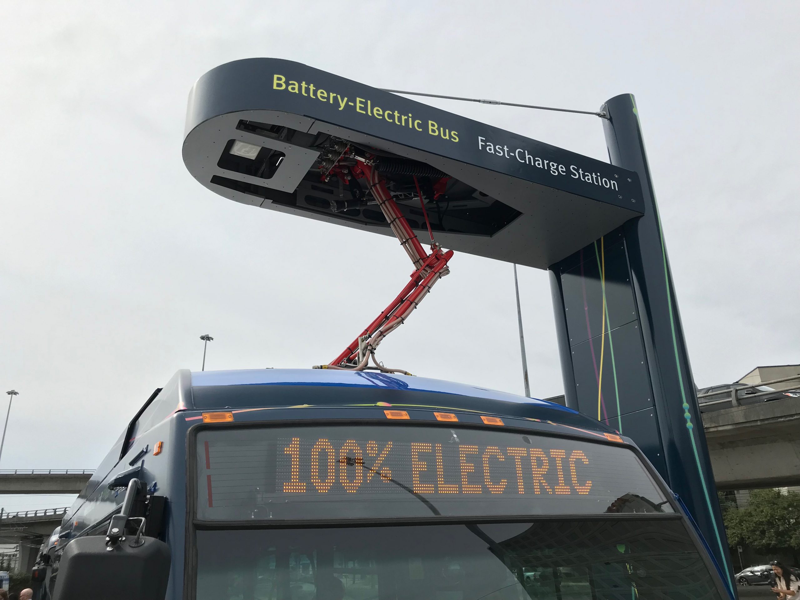 The battery-electric bus charging at Marpole Loop