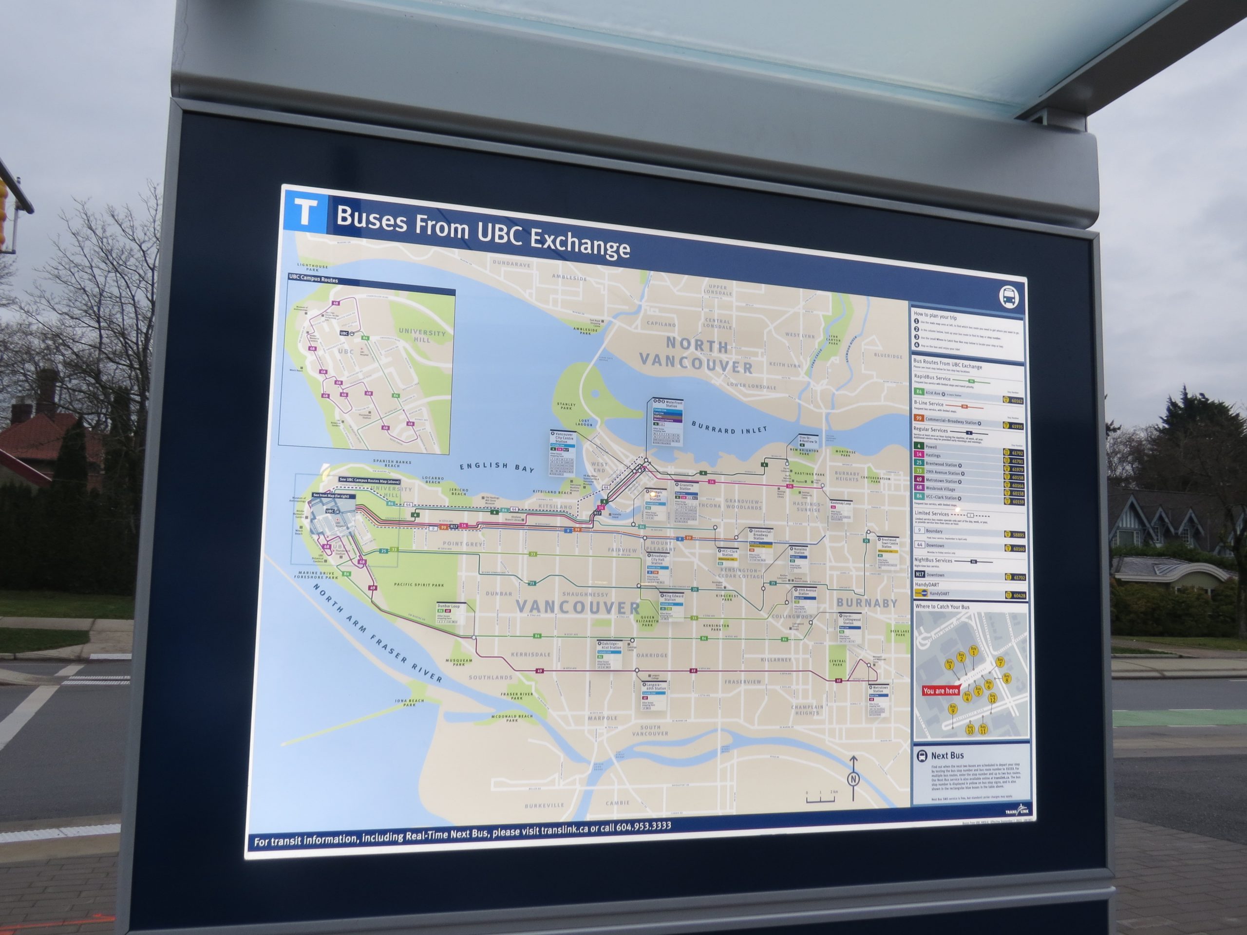 A central information board at UBC Exchange as part of the new next-bus screens