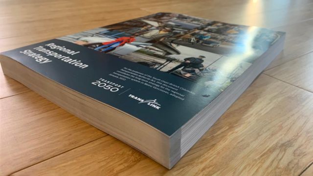A photo of the printed copy of Transport 2050 sitting on a desk