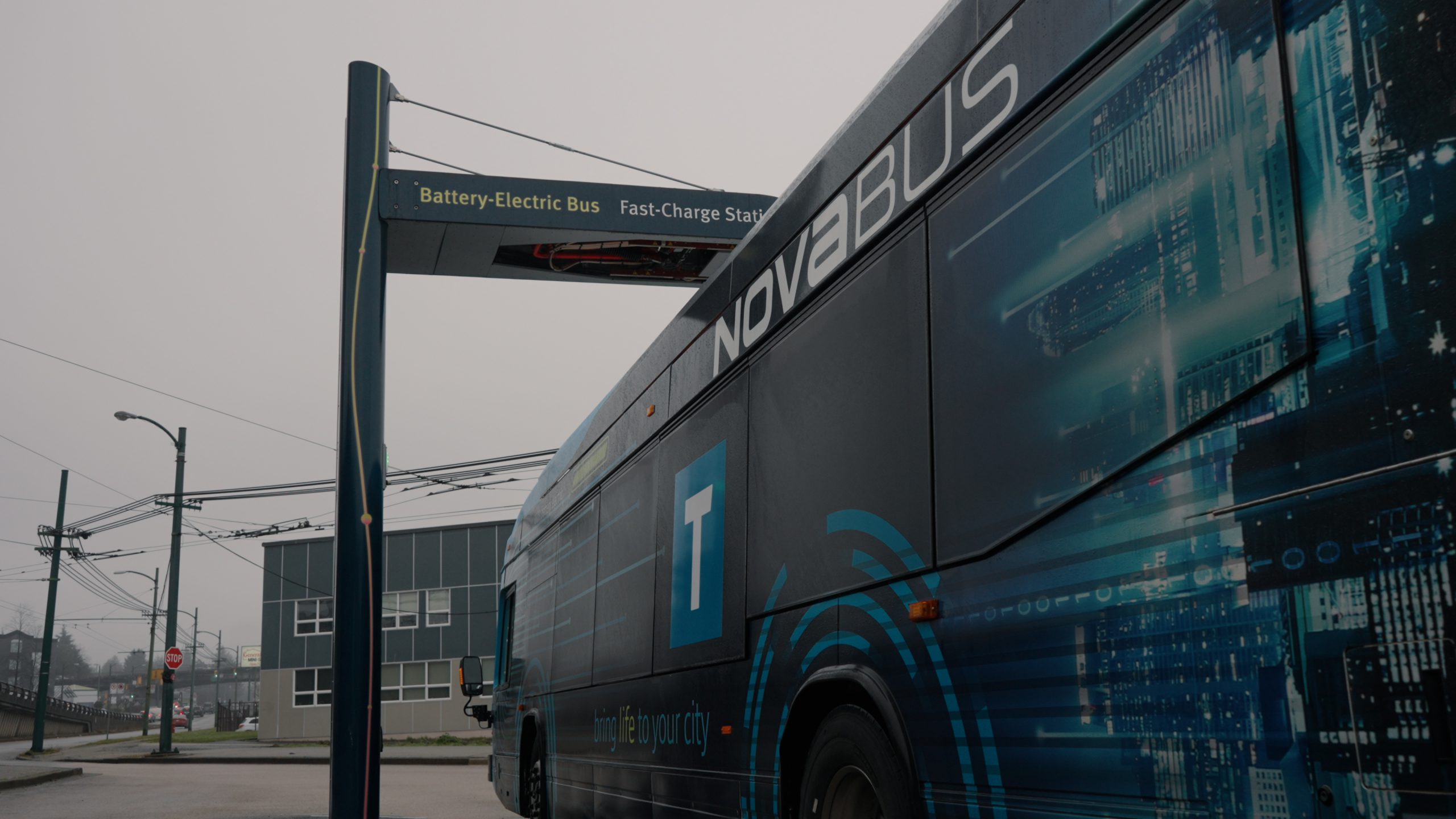 TransLink tests a demo battery-electric bus from Nova Bus at the Marpole fast-charge station