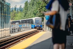 A SkyTrain arrives at Lougheed Town Centre station