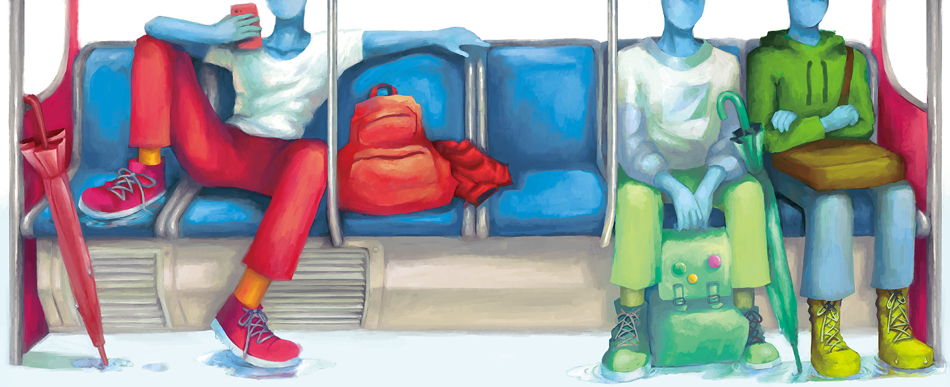 Illustration showing a SkyTrain customer with their feet and bags on the seat.