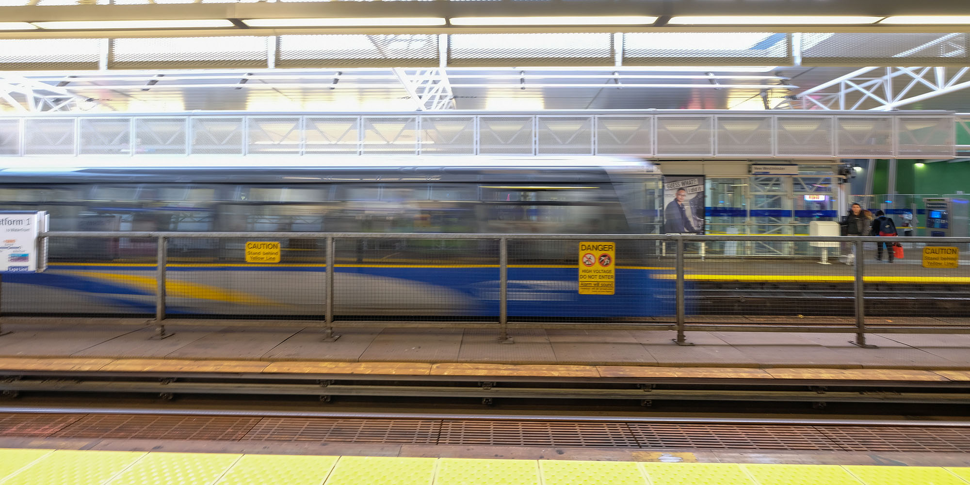The SkyTrain departing the outbound platform at New Westminster Station
