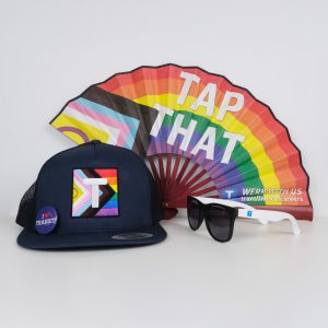 A photo of a prize pack consisting of a TransLink snapback, sunglasses, and fan. 