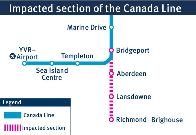Map of impacted section of Canada Line