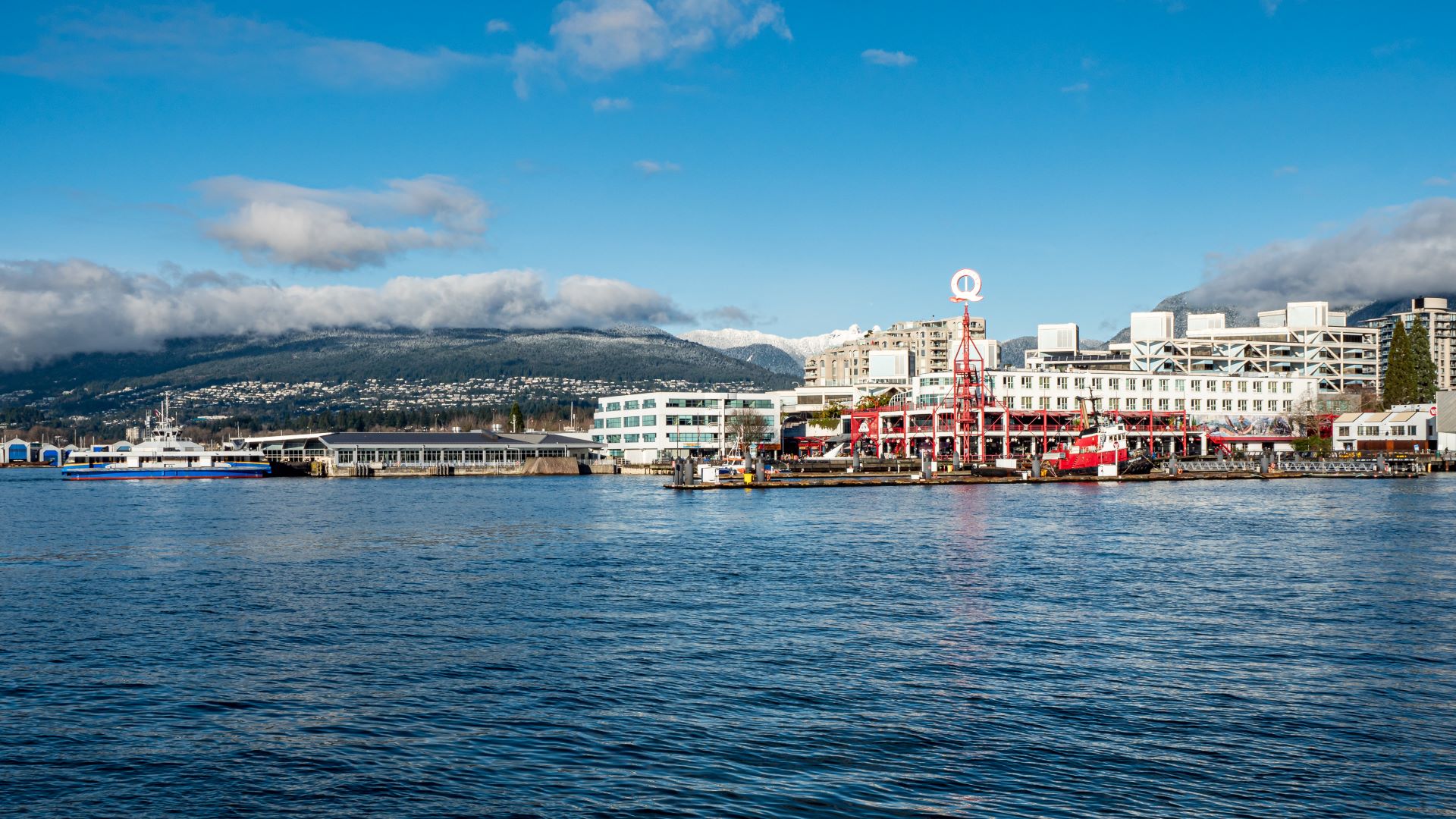 Panoramic view of Lonsdale Quay, SeaBus parked