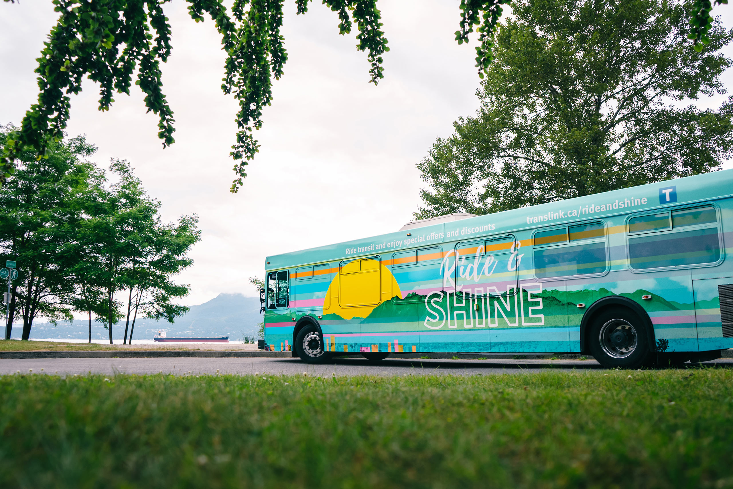 Mostly Teal Ride and Shine bus framed between the green grass and tree branches