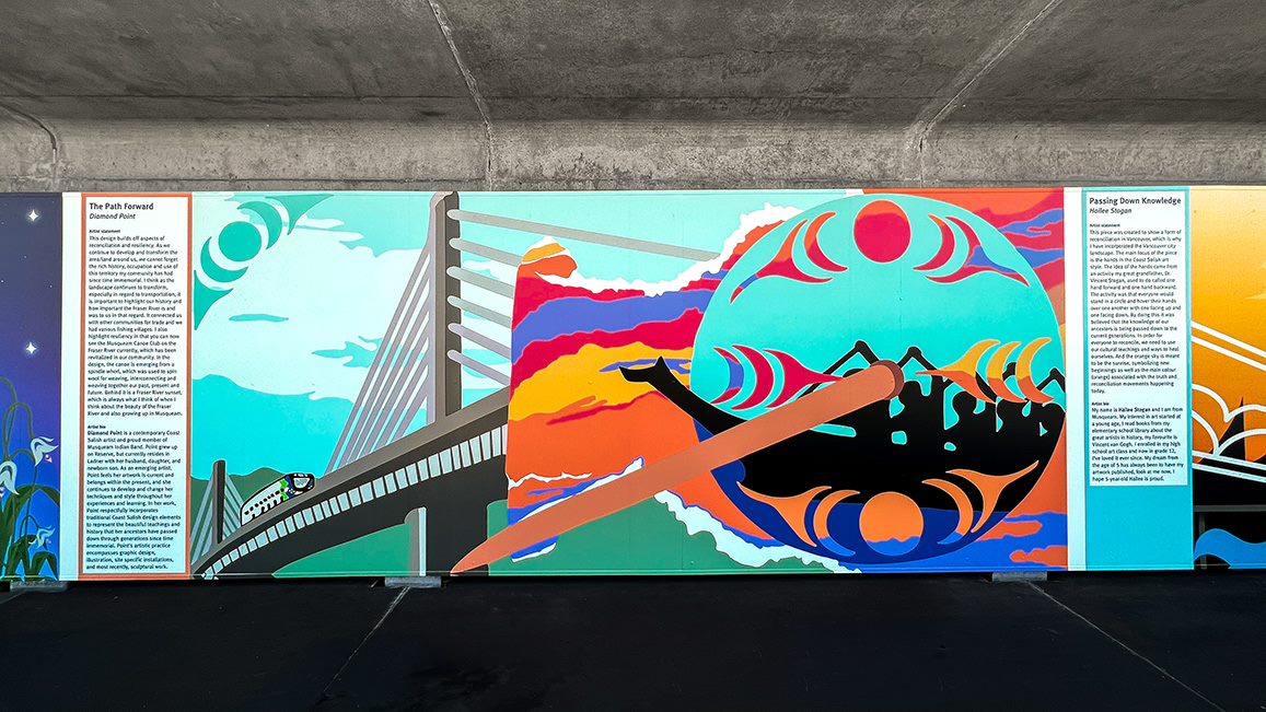 One of the Indigenous murals by artist Diamond Point on the Canada Line Bridge.