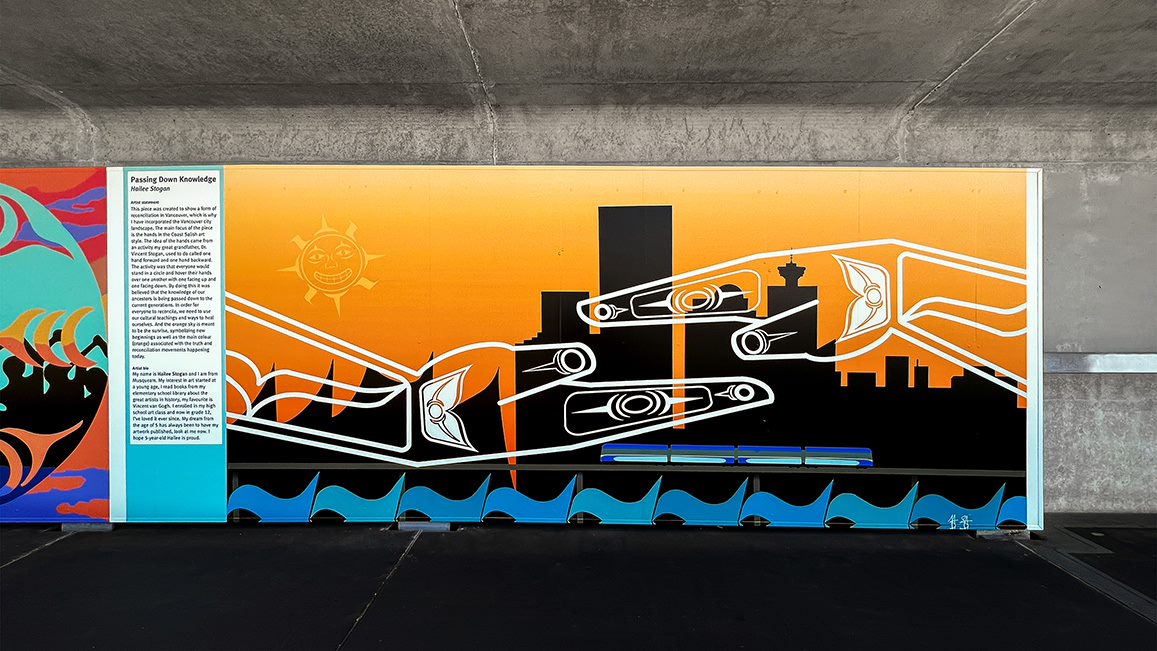 One of the Indigenous murals by artist Hailee Stogan on the Canada Line Bridge.