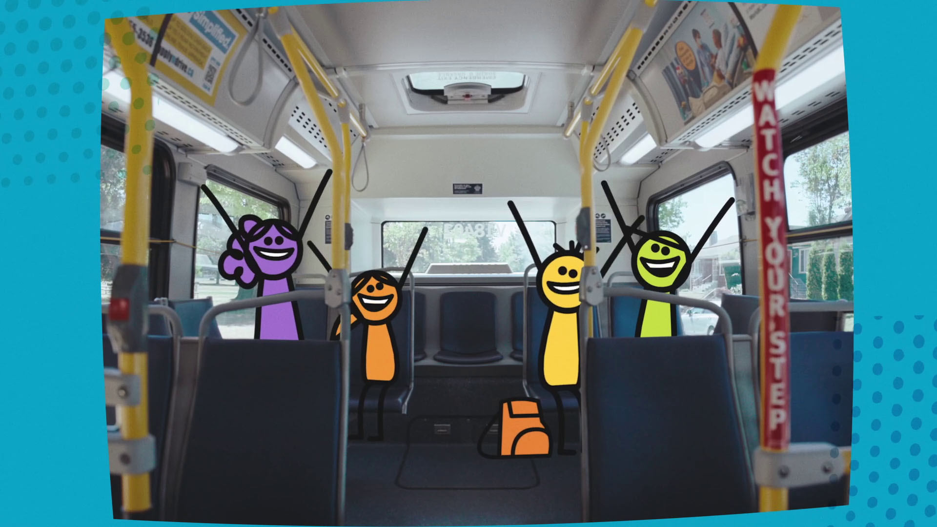 Stick figures of kids riding the bus