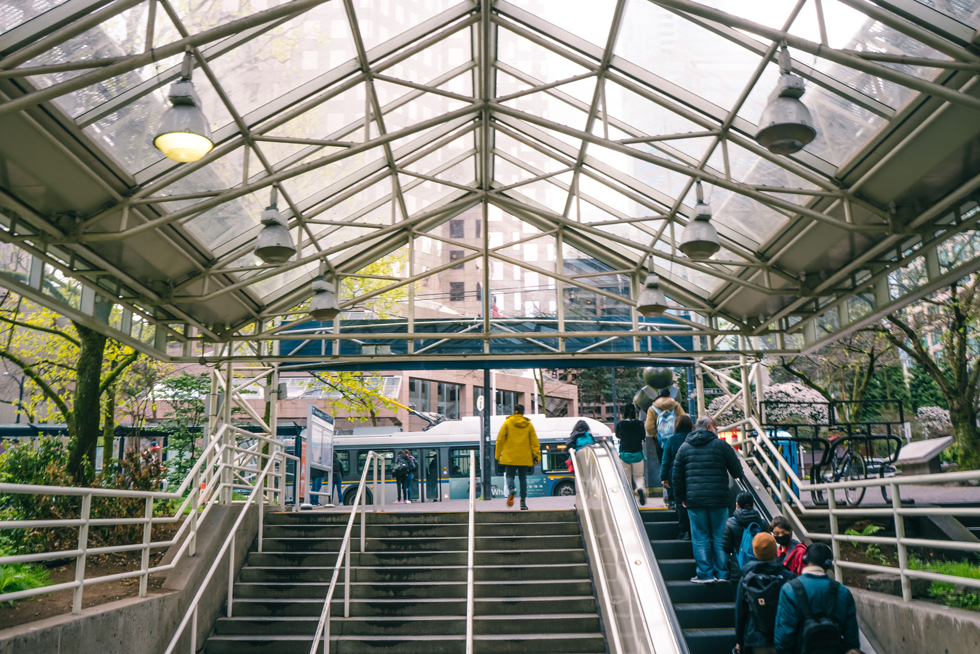 The escalators and stairs to street level at Burrard Station