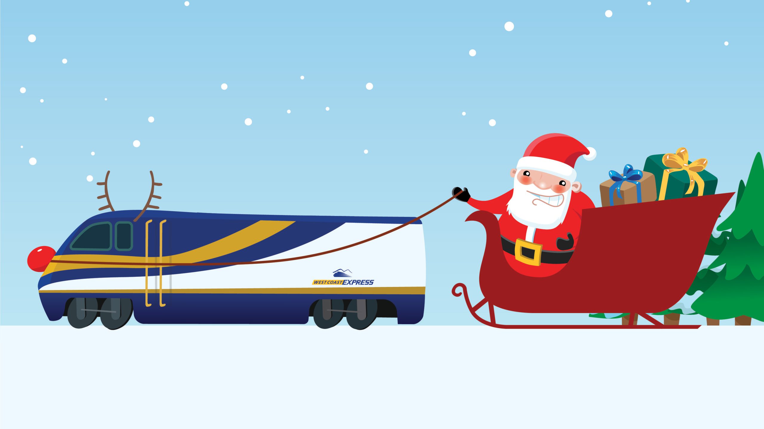 Graphic of Santa's sleigh pulled by the a reindeer West Coast Express