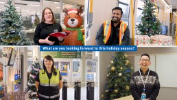 Transit employees with text on screen saying What are you looking forward to this holiday season