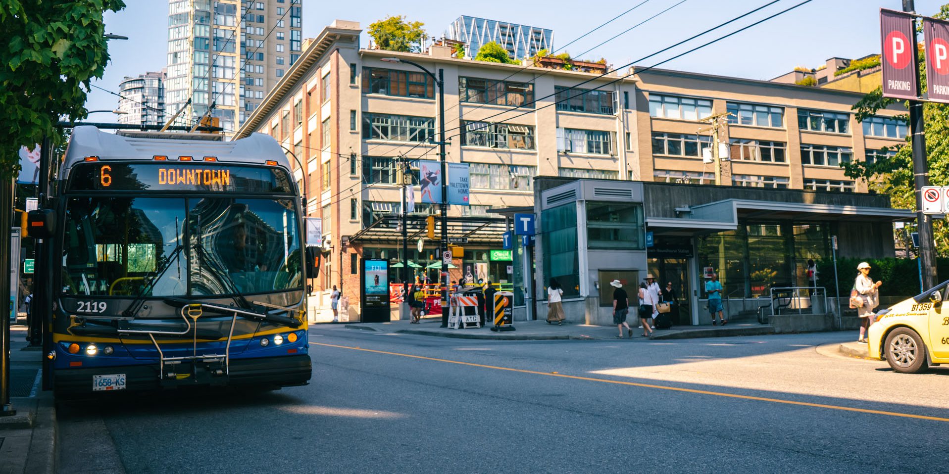The number 6 Downtown bus, one of the top 10 bus routes, stops at a bus stop in Vancouver. 