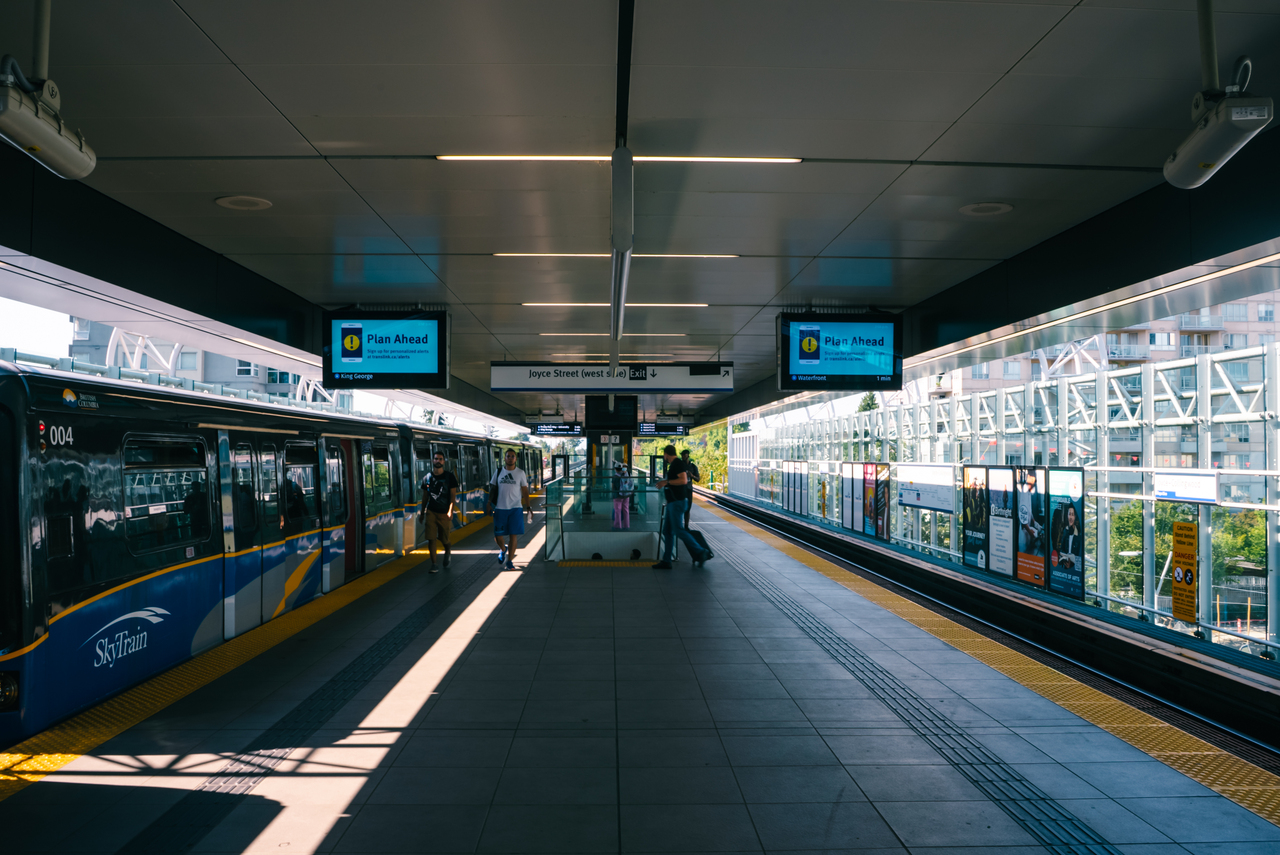 A photo of the platform level at Joyce-Collingwood SkyTrain Station, one of TransLink's top 10 busiest SkyTrain stations