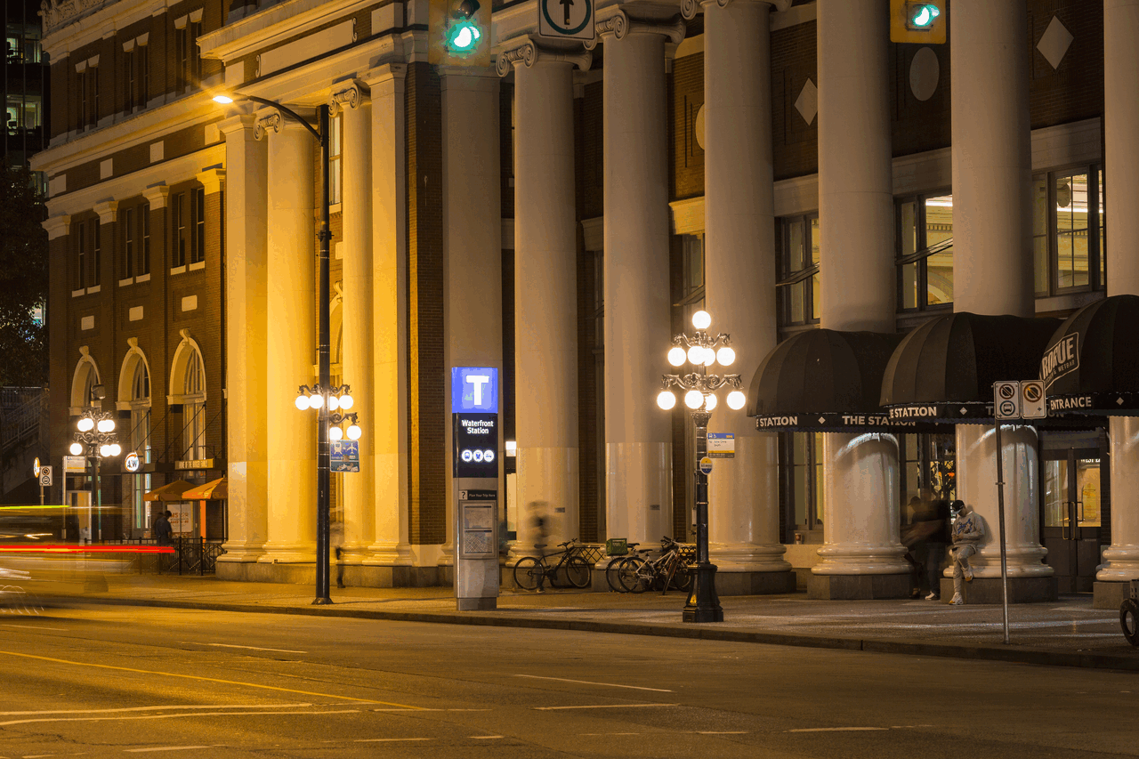 Photo of Waterfront Station at night, one of TransLink's busiest SkyTrain stations