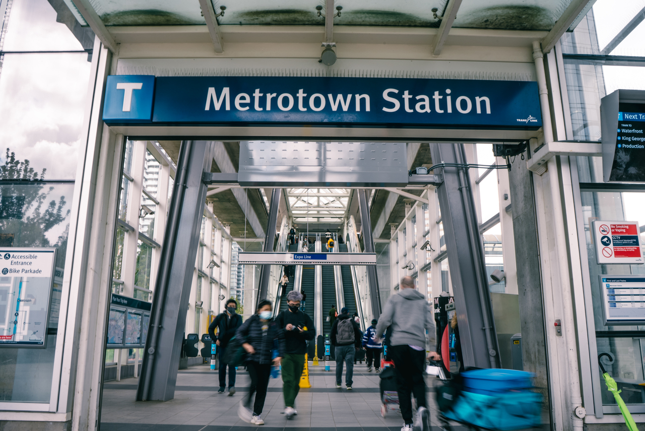 Photo of the exterior of Metrotown Station, one of TransLink's busiest SkyTrain Stations