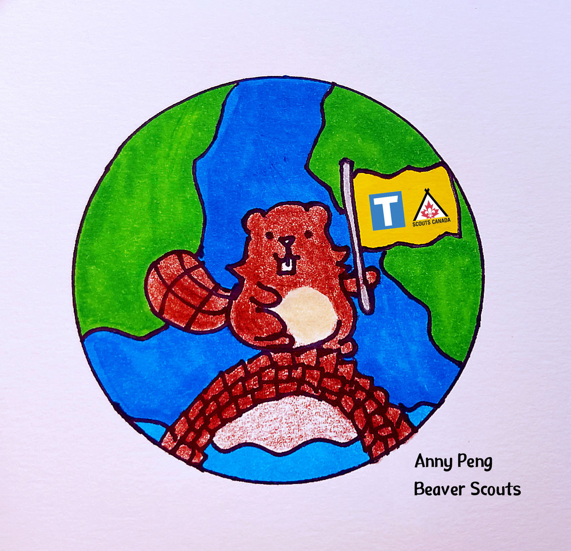 Beaver holding up a yellow flag with TransLink logo, earth drawing in the background