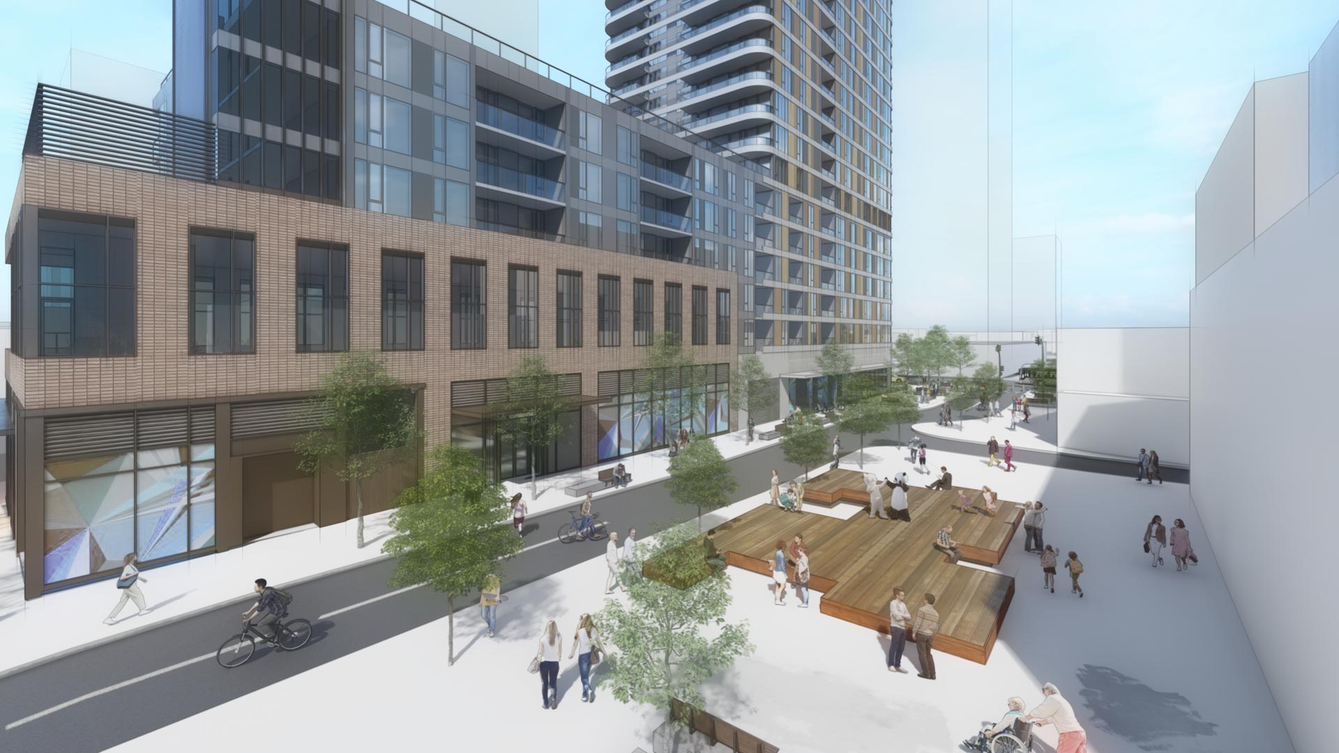A rendering of the proposed Arbutus Station development showing the greenway
