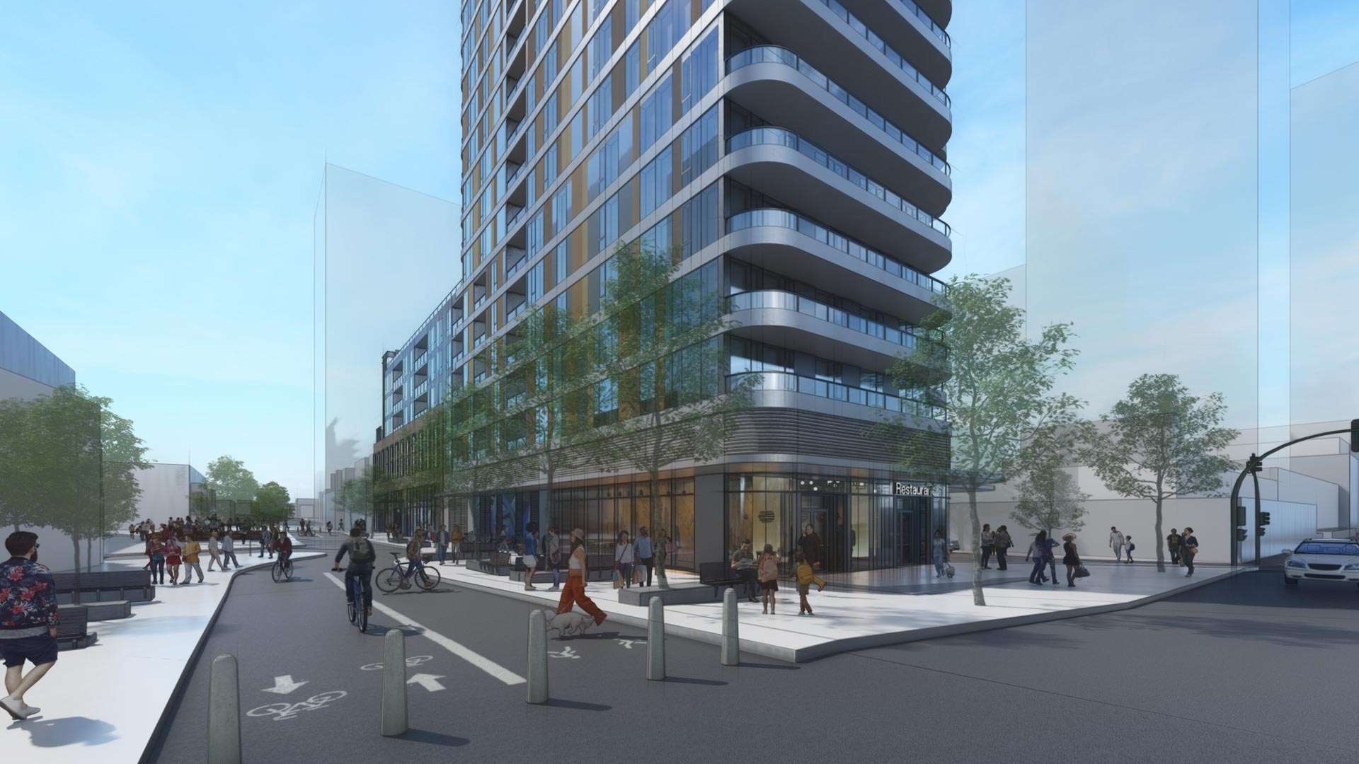 A rendering of the proposed Arbutus Station development's northwest corner