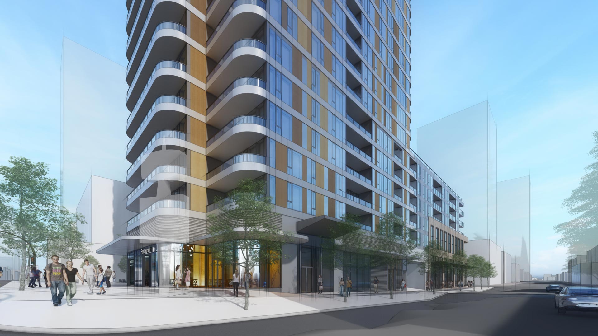 A rendering of the proposed Arbutus Station development's northwest corner