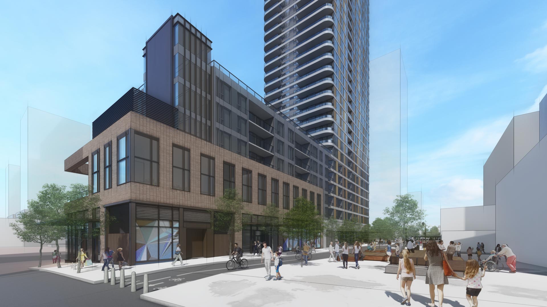 A rendering of the proposed Arbutus Station development's southeast corner