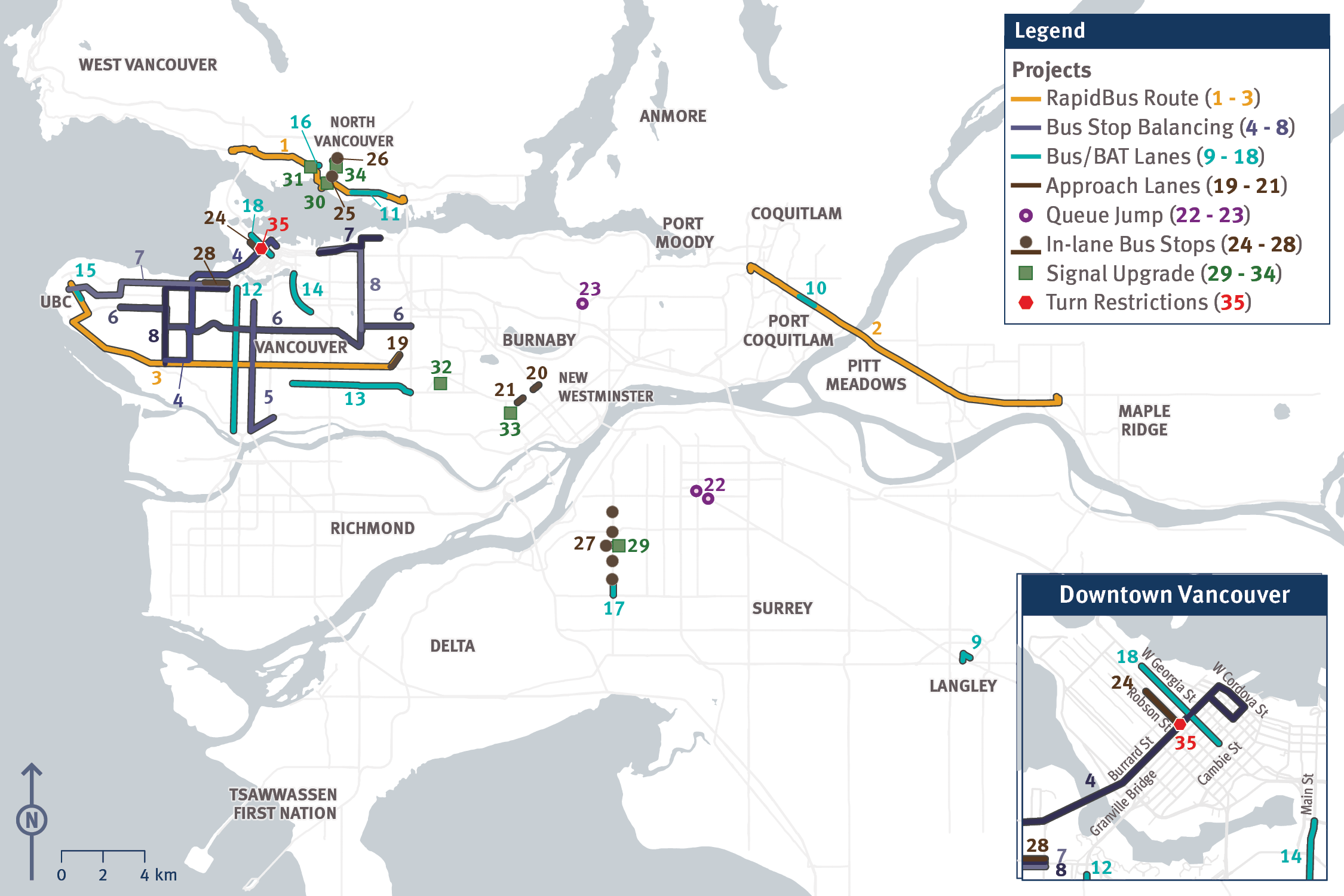 Map of Bus Speed and Reliabilityprojects in Metro Vancouver