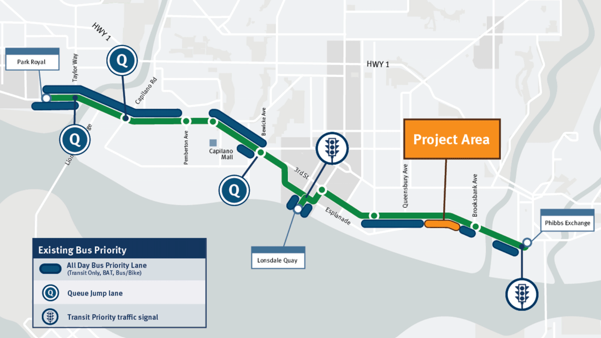 Map of the project area along the R2 Marine Drive RapidBus route