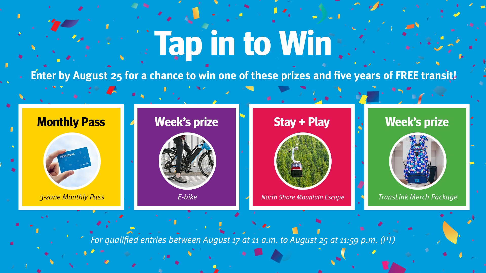 Tap in to Win week 1 prizes include a 3-zone Monthly Pass, e-bike, Stay and Play package in the North Shore, and transit merchandise.