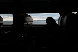 The window out of an Amtrak Cascades train, facing the ocean