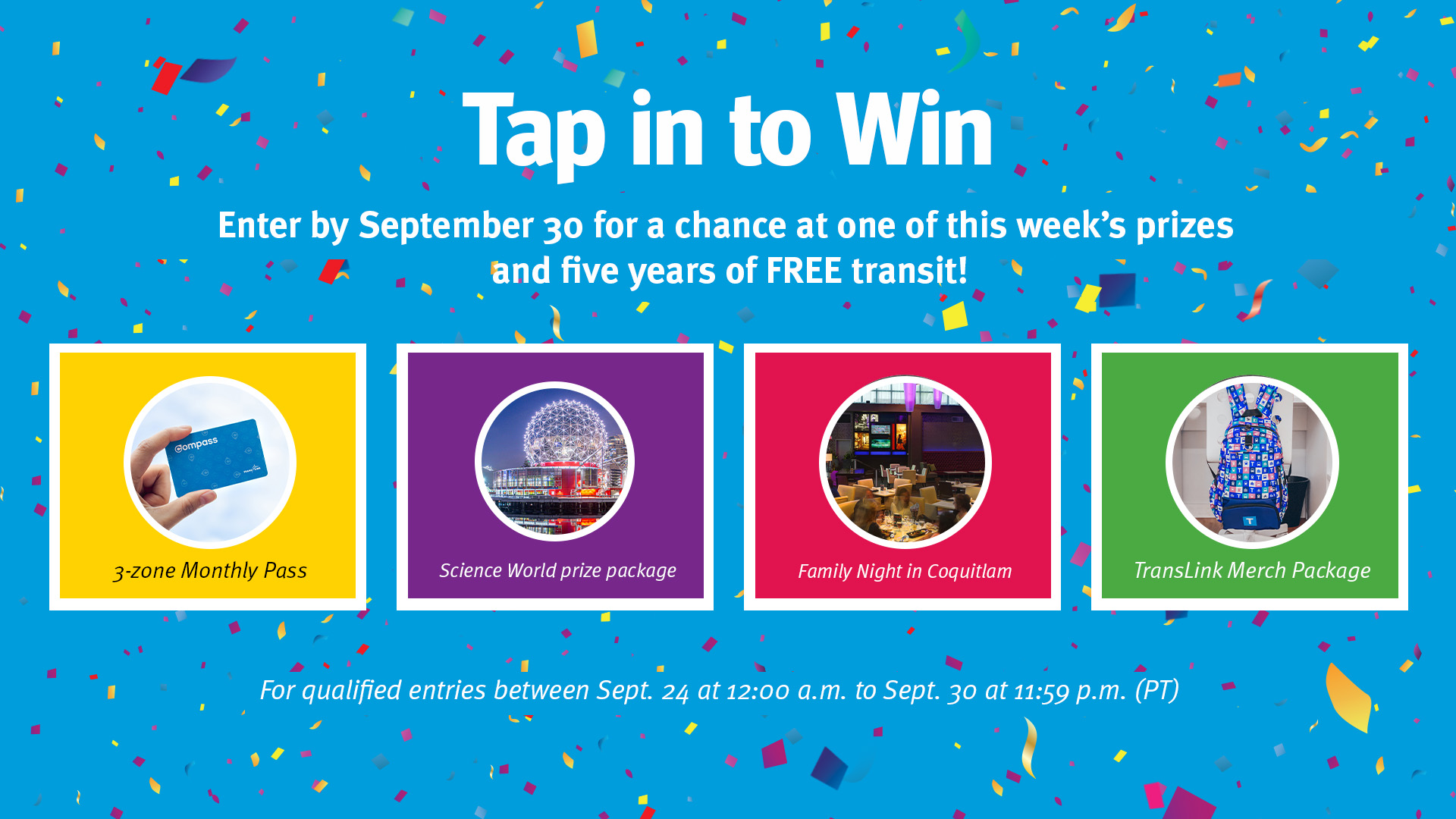 Enter by September 30 for a chance at one of six prizes: Compass Monthly Pass, Science World prize package, Family Night at Coquitlam Stay and Play package, and transit merchandise.