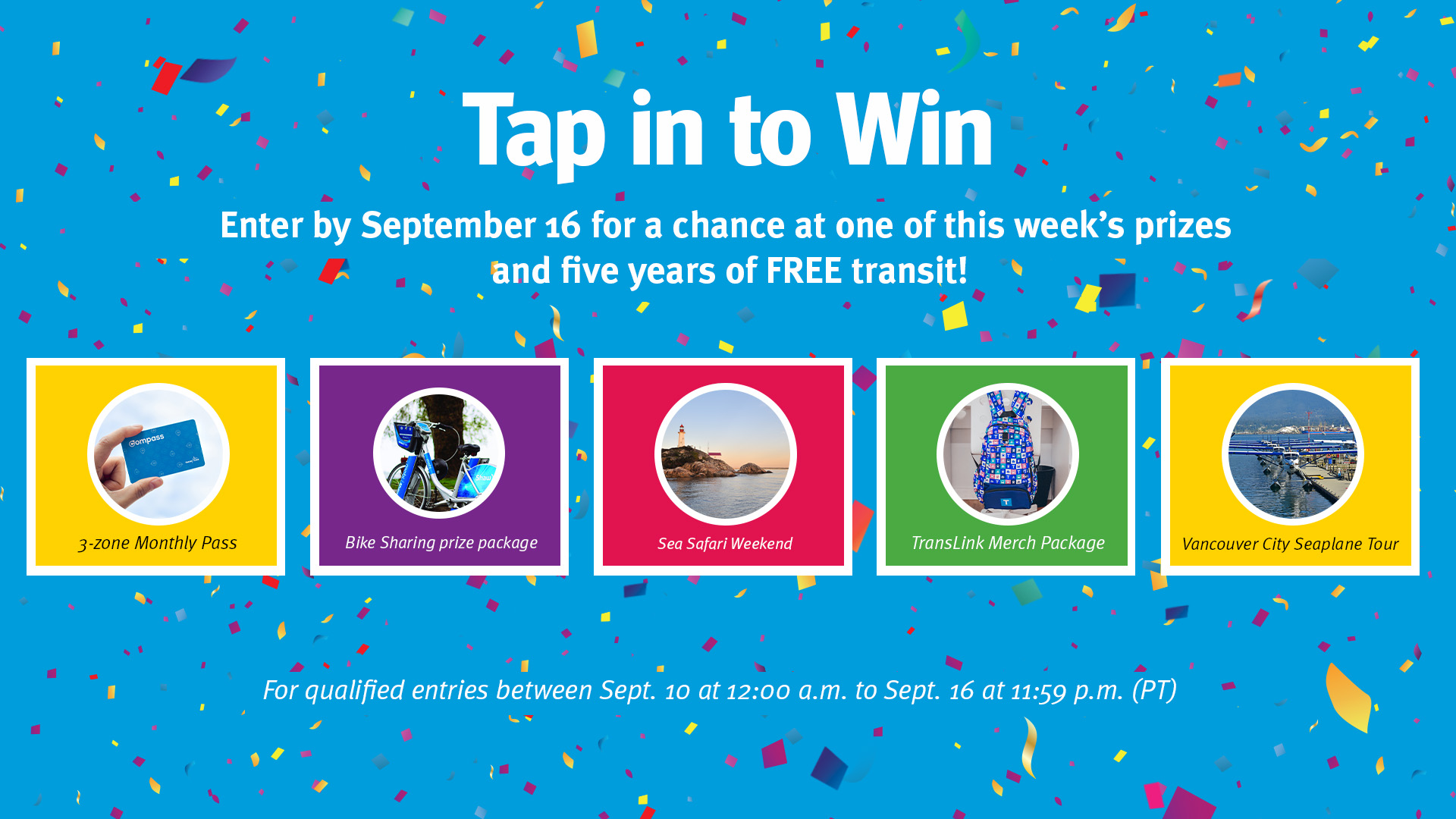 Enter Tap in to Win by Sept. 23 for a chance at one of this week's prizes: 3-zone Compass Monthly Pass, Vancouver Whitecaps prize package, Tasty Tour Weekend in Langley Stay and Play package, and transit merch.