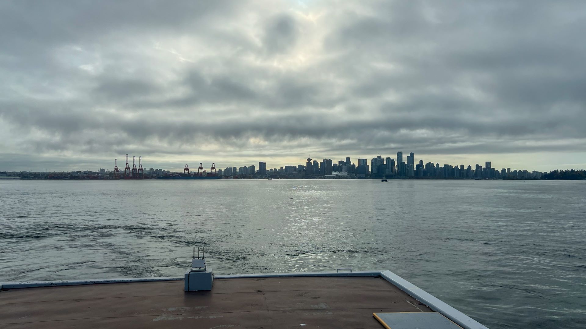 View of downtown Vancouver from the bridge of the Burrard Beaver SeaBus vessel
