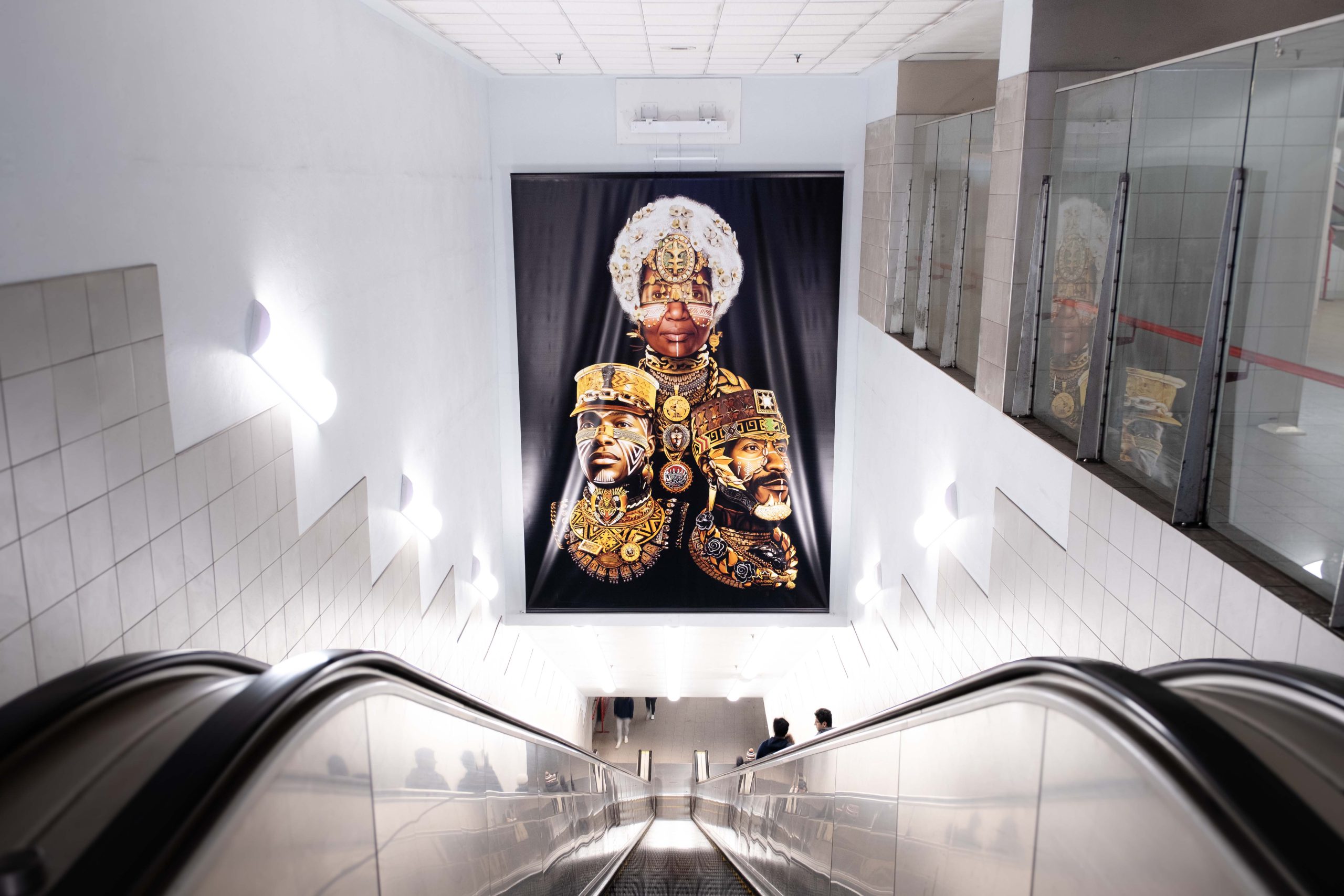 Artwork 'Look For Us In The Whirlwind' by Adeyemi Adegbesan above the escalators at Granville Station, Dunsmuir exit