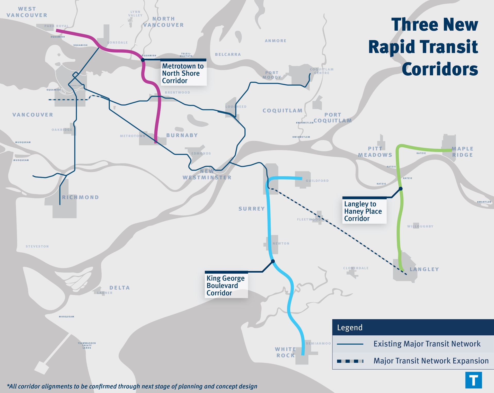 Map of the three new rapid transit corridors