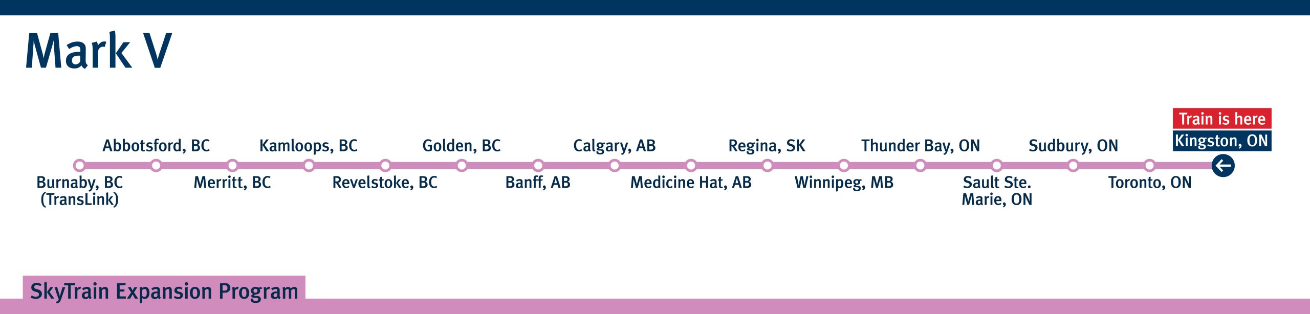 Mark V SkyTrain travel map from Kingston, Ontario to Burnaby, BC